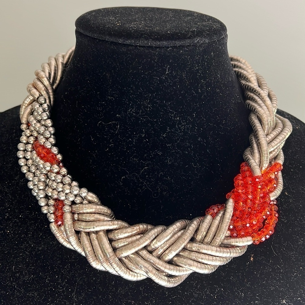 Silver Braid and Orange Crystal Beaded Braided 18” Necklace - Adjustable